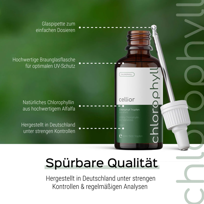 Chlorophyll Tropfen 50ml - Aus Alfalfa - Vegan, flüssig & hochdosiert - Liquid Chlorophyllin