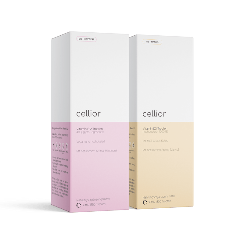 Vitamin-Set mit 1x Vitamin D3 Tropfen (Mango) und 1x Vitamin B12 Tropfen (Himbeere) - hochdosiert