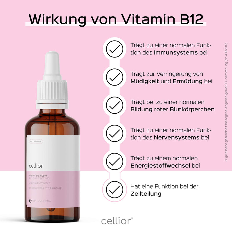 Vitamin B12 Tropfen 50ml (Himbeere) - vegan & hochdosiert - mit Geschmack